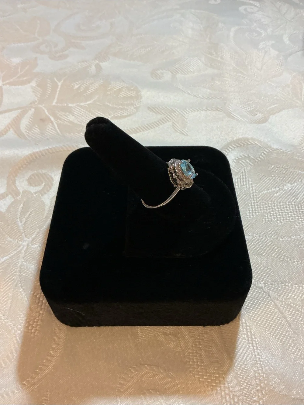 Lab Grown Aquamarine Oval Halo Vintage Inspired Silver Tone Statement Ring